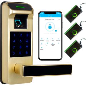 Fingerprint Door Lock, Heavy Duty Full APP Control Touchscreen Keypad Keyless Lock with Reversible Handle, Perfect for Home/Office/Bedroom Doors (Gold)