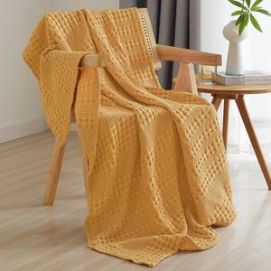 PHF 100% Cotton Waffle Weave Throw Blanket, Soft Lightweight Breathable Cozy Summer Throws for Couch Bed Sofa, Luxury Aesthetic Woven Blanket for Home Decor & Office, 50"x60", Ginger/Honey Yellow (Throw(50"x60"), Ginger Yellow)