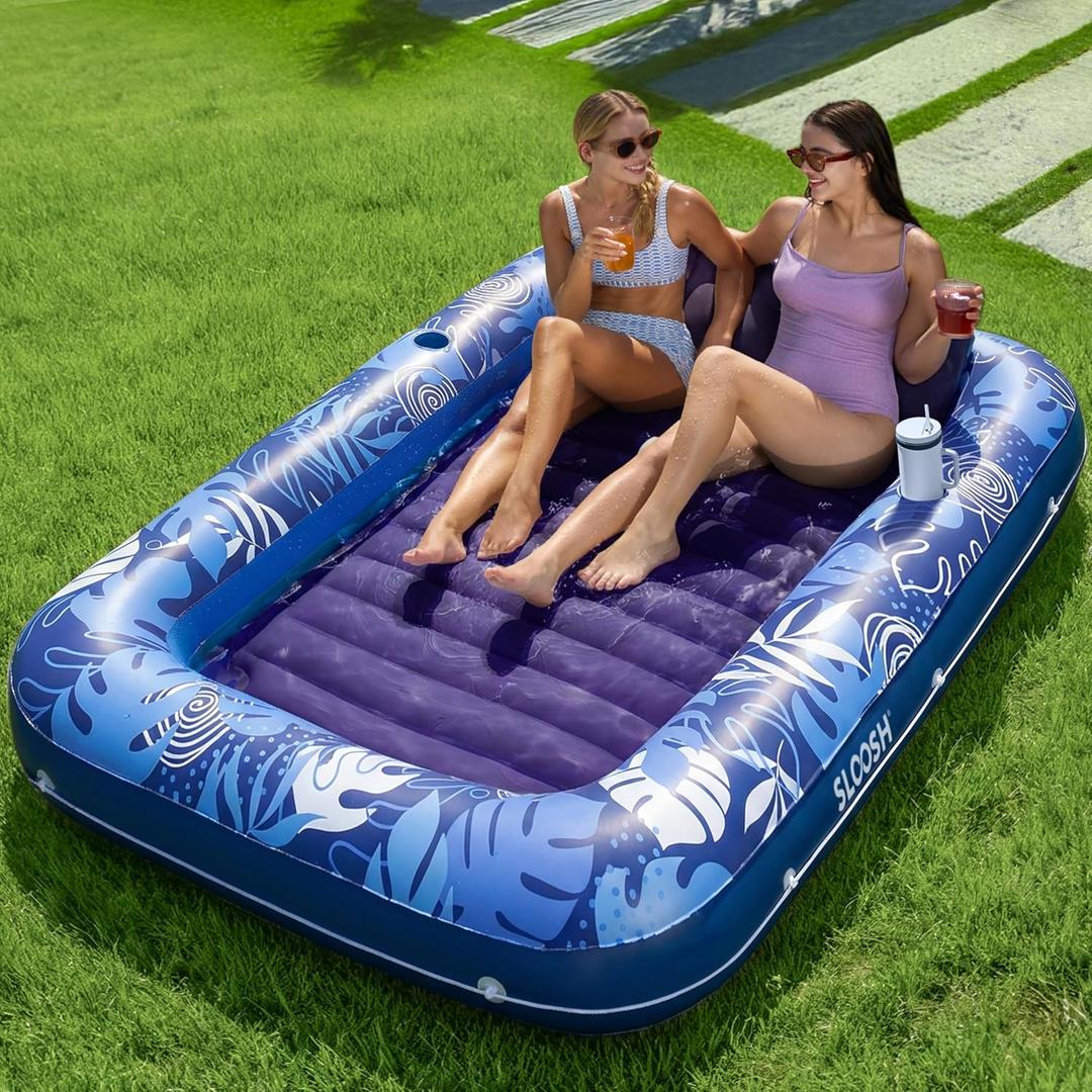 SLOOSH Inflatable Tanning Pool Lounger Float, 85" x 57" Extra Large Pool Floats Adult with Pillow, 4 in 1 Suntan Tub Raft Floatie,Sunbathing Bed Lounge for Water Blow Up Ball Pit, XL-Dark Blue