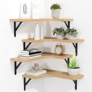 Corner Floating Shelves Wall Mounted Set of 4, Rustic Wood Storage Display Wall Shelves for Home Decor, Bathroom, Kitchen, Bedroom, Living Room, Office (Natural)