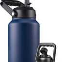 Half Gallon Insulated Water Bottle Jug with Straw, 64 oz Large Stainless Steel Sports Metal Water Flask with Handle, Thermal Water Cup Mug with 2 Lids, Navy Blue