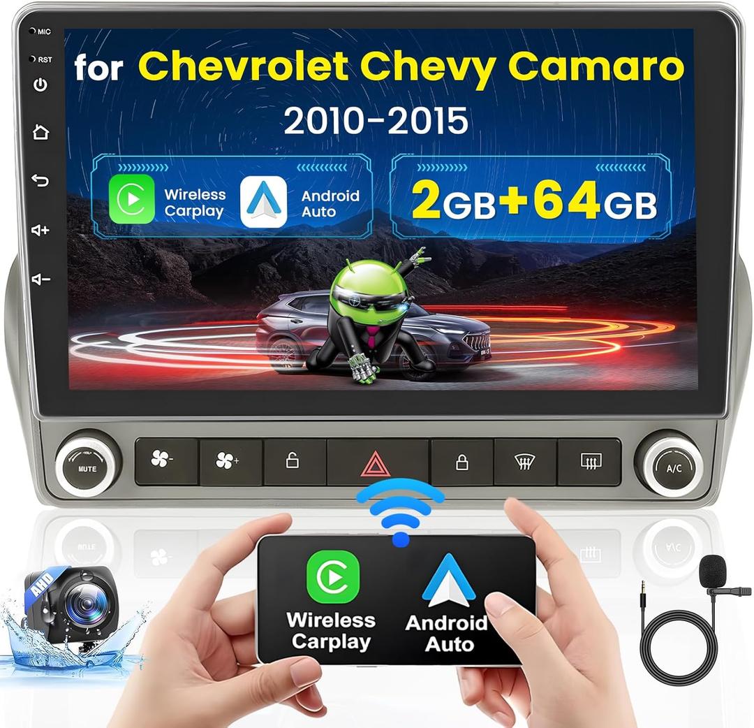 Fuluku2+64GB Android 13 Carplay Radio for Chevy Camaro 2010 2011 2012 2013 2014 2015 with Wireless Carplay Android Auto, 9' Touchscreen Stereo WiFi/Bluetooth/GPS/SWC/Mic/Backup Camera