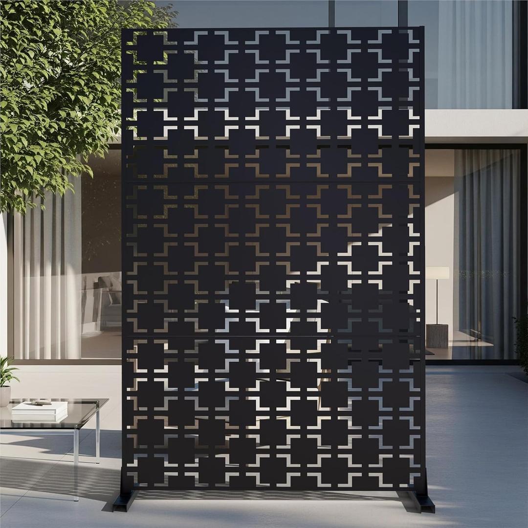 72" Metal Privacy Screen Freestanding Outdoor Room Divider Decorative Laser Cut Fence Panel, Weatherproof Patio Privacy Fence for Garden, Balcony, Backyard Landscape (Black)