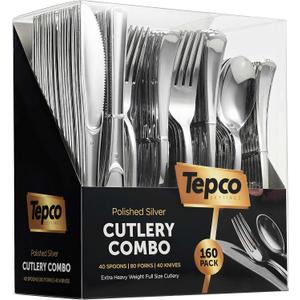 Plastic Silverware Set- Silver Flatware Set- Heavy Duty Cutlery Set - Bulk Combo Value Pack 160 count 40 Knives 80 Forks 40 Spoons Party Supplies - Tepco Settings