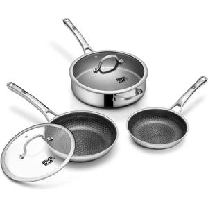 Frying Pans Nonstick Set with Lid,Hybrid Non Stick 5 Quart Saute pan,10 inch Skillet,8 inch Skillet PFOA Free Cookware,Stainless Steel skillet,Deep Braiser,Dishwasher Safe,Works on All Cooktops