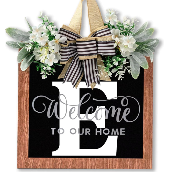 14'' Large Last Name Welcome Door Wreath for Front Door 26 Letter All Year Round Wooden Hanging Decoration for Farmhouse Home Outdoor and Indoor Decor