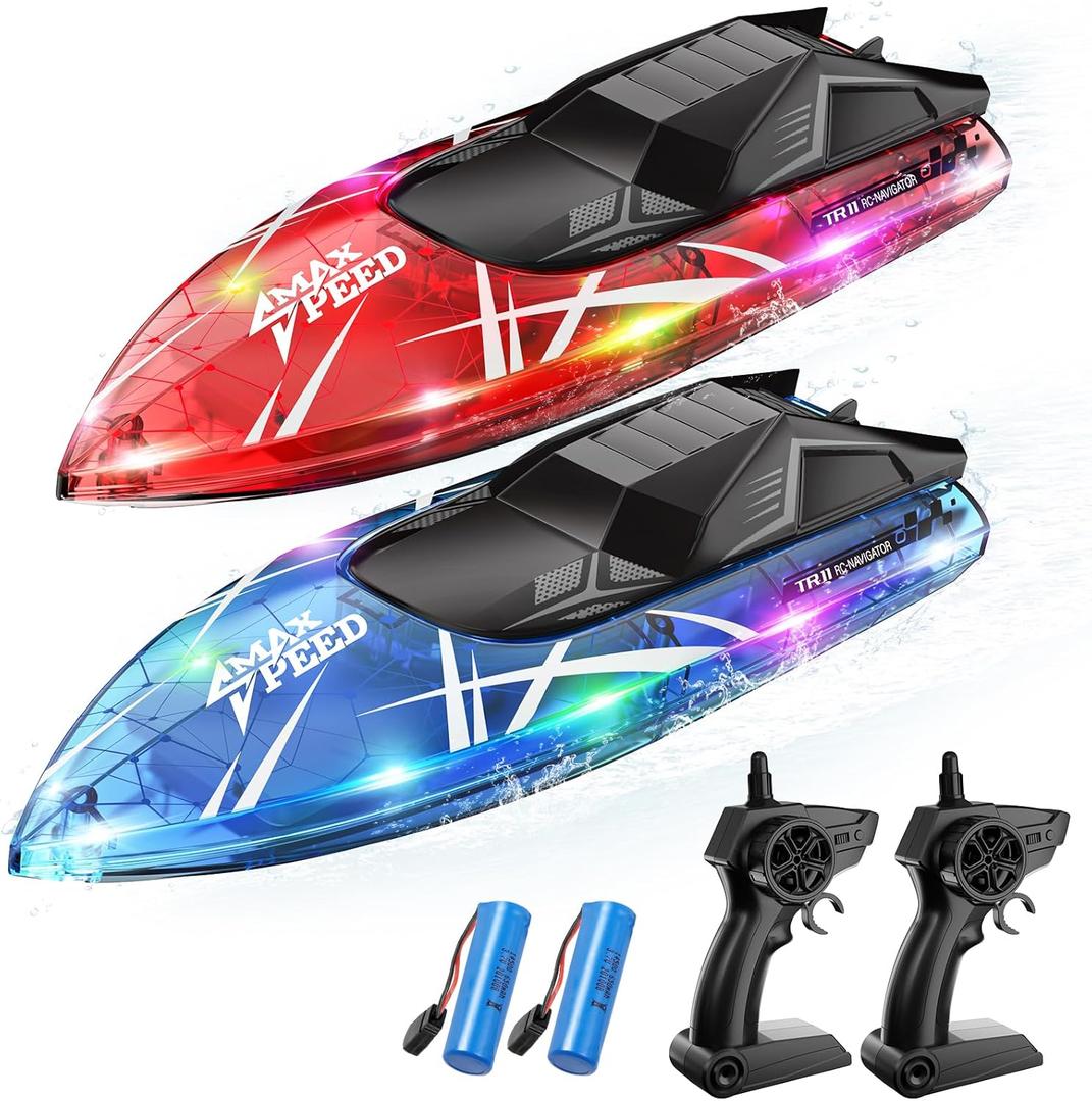 Remote Control Boat for Kids, 2Pack RC Boats with LED Lights for Pools Lakes River & Bathtub, 2.4Ghz Control, Whole Body Waterproof, 2 Rechargeable Batteries Summer Water Toys (Blue&red)