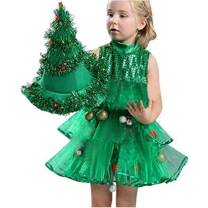 Christmas Tree Costume for Baby Girls Kids with Hat Birthday Holiday Party Dress Clothes Gifts Dress-Up Outfit, Waist 24 In, Length 18 In