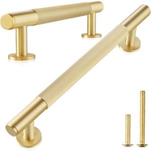 QOGRISUN 5-Pack Solid Brass Cabinet Pulls, Grooved Gold Bar Handles, 5-Inch Hole Center for Kitchen Drawer Dresser Cupboard, 6.5-Inch Total Length, Brushed Brass Finish  Eleganza (5-Inch(128mm)Hole Centers)