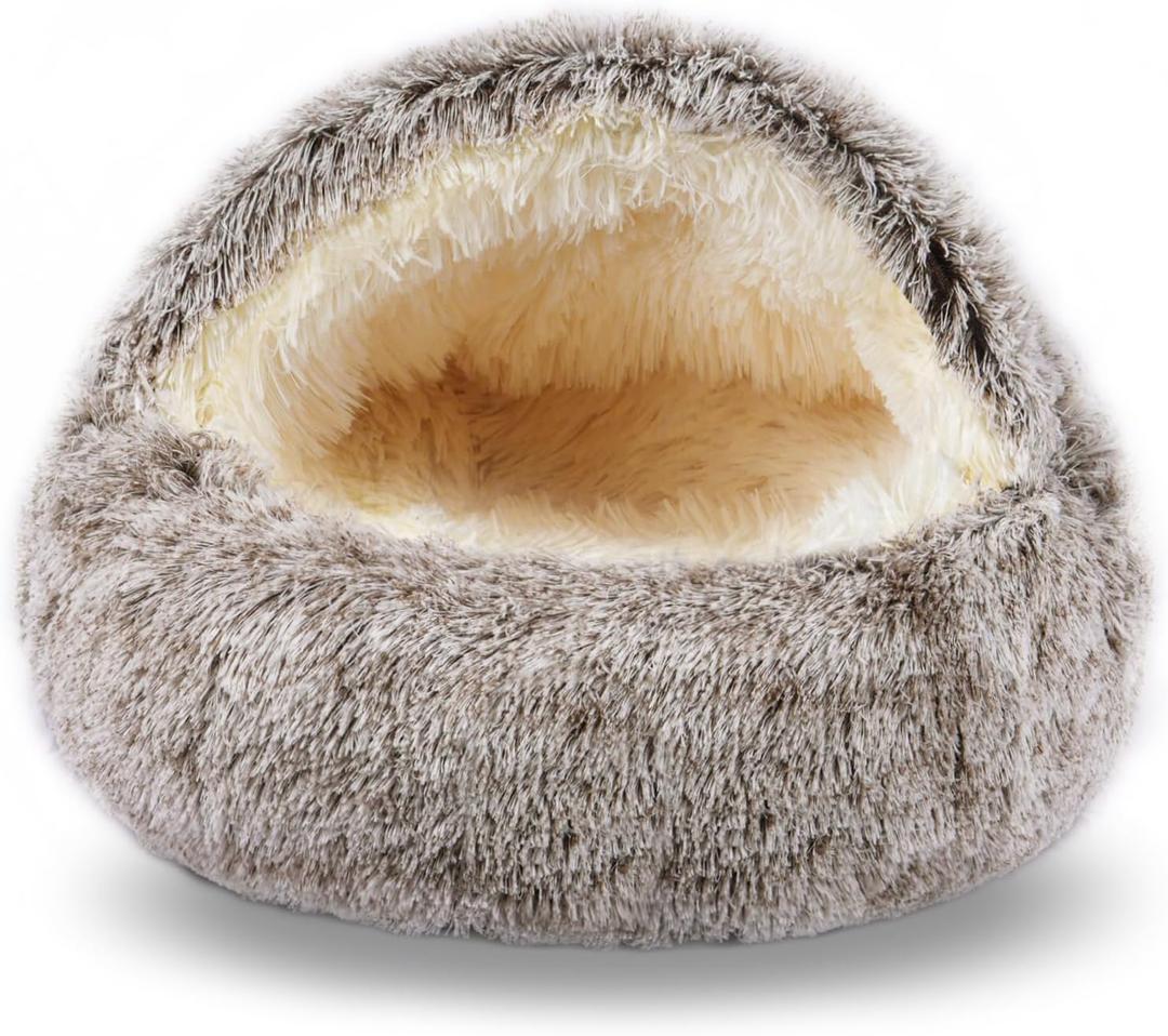 Cat Beds for Indoor Cats, Cat Cave for Puppy and Kitty, Calming Small Dog Bed for Small Dogs with Cover Cave, Cozy Warming Fluffy Washable Anti-Slip Pet Sleeping Bag (20 * 20inch,Khaki)