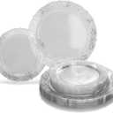 " OCCASIONS " 50 Plates Pack (25 Guests)-Vintage Wedding Party Disposable Plastic Plate Set -25 x 10.25'' Dinner + 25 x 7.5'' Salad/Dessert plates (Portofino in Clear & Silver)