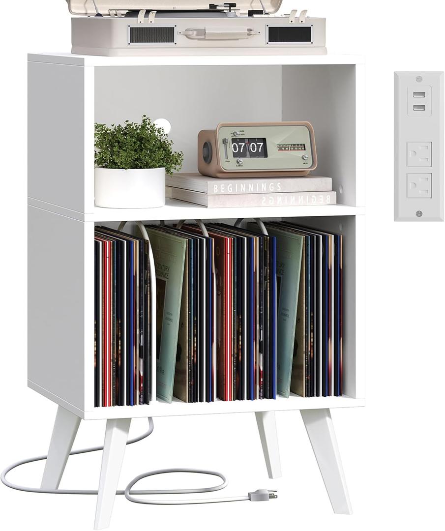 Record Player Stand, 3-Tier Side End Table with Charging Station, Turntable Stand Up to 160 Albums, Vinyl Storage Cabinet Dispaly Shelf for Living Room, Classic White