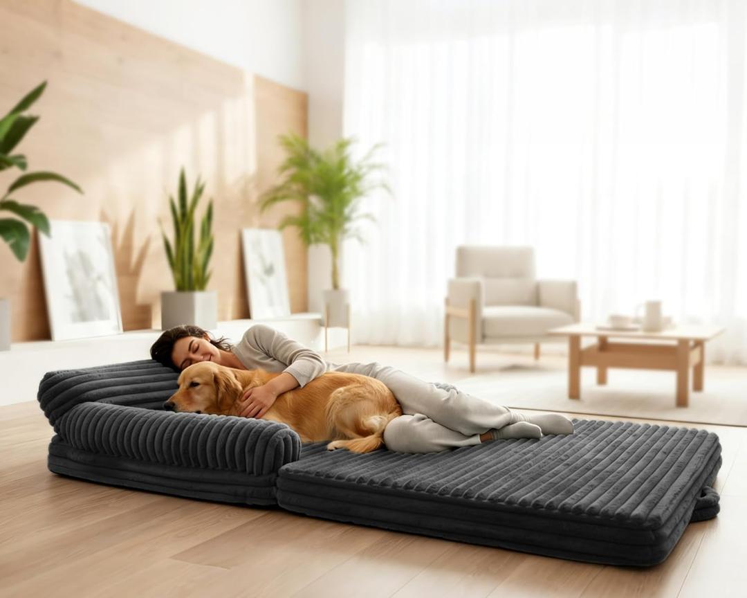 Foldable Human Dog Bed Large Dog Beds for Adult Orthopedic Memory Foam Washable XL Big Couch Beds Waterproof Liner (Dark Grey, 79"x44"x12")