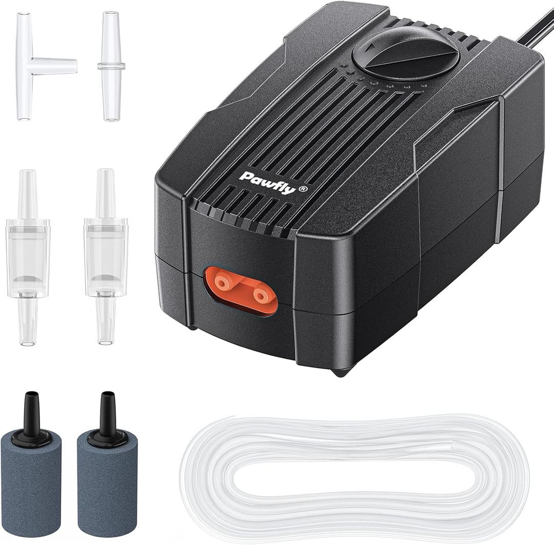 Pawfly Aquarium Air Pump 50 GPH Fish Tank Oxygen Pump for 10-60 Gallon Fish Tanks Buckets Dual Outlet Adjustable Ultra Quiet Aerator Pump with Airline Tubing Air Stones Connectors and Check Valves