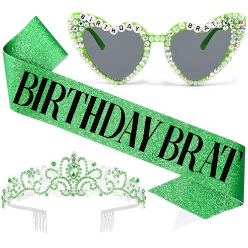 2 x Vovii Brat Party Decorations for Women, Birthday Brat Sash, Heart-shaped Sunglasses and Rhinestone Crown for Birthday Accessories Party Favors Supplies