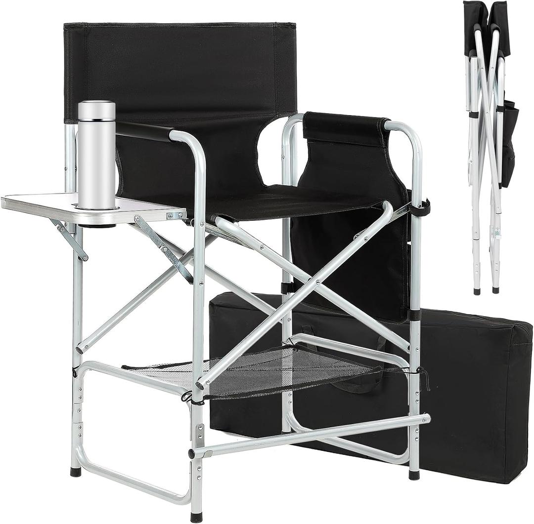 Tall Makeup Chair 41'', Director Chair 600 lbs Foldable Portable, Makeup Chair for Makeup Artist with Table, Cup Holder, Storage Bag & Footrest