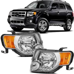 For 2008-2012 Ford Escape Headlight Assembly OE Style Halogen, Chrome Housing Amber Reflector Clear Lens, Driver & Passenger Side (Bulbs Not Included)