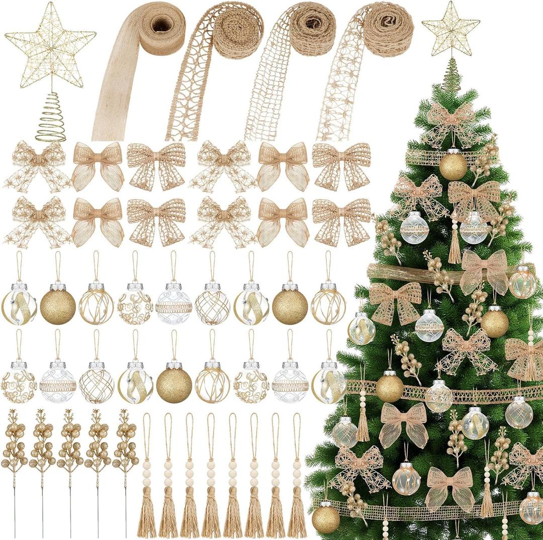 70 Pcs Rustic Burlap Christmas Tree Decorations Set Farmhouse Boho Xmas Ball Ornaments Champagne Star Topper Beige Bow Ribbon Tassel Berries Stems Boho Christmas Decor for Xmas Tree