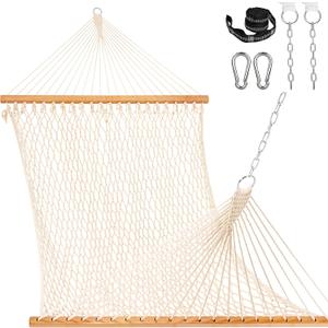 Lazy Daze Hammocks 12FT Double Rope Hammocks, 2 Person Hand Woven Cotton Hammock with Spreader Bar for Outside, Patio, Poolside, FIT 13-15 FT Stand, Max 450 Lbs, Natural, 141 x 57 inches