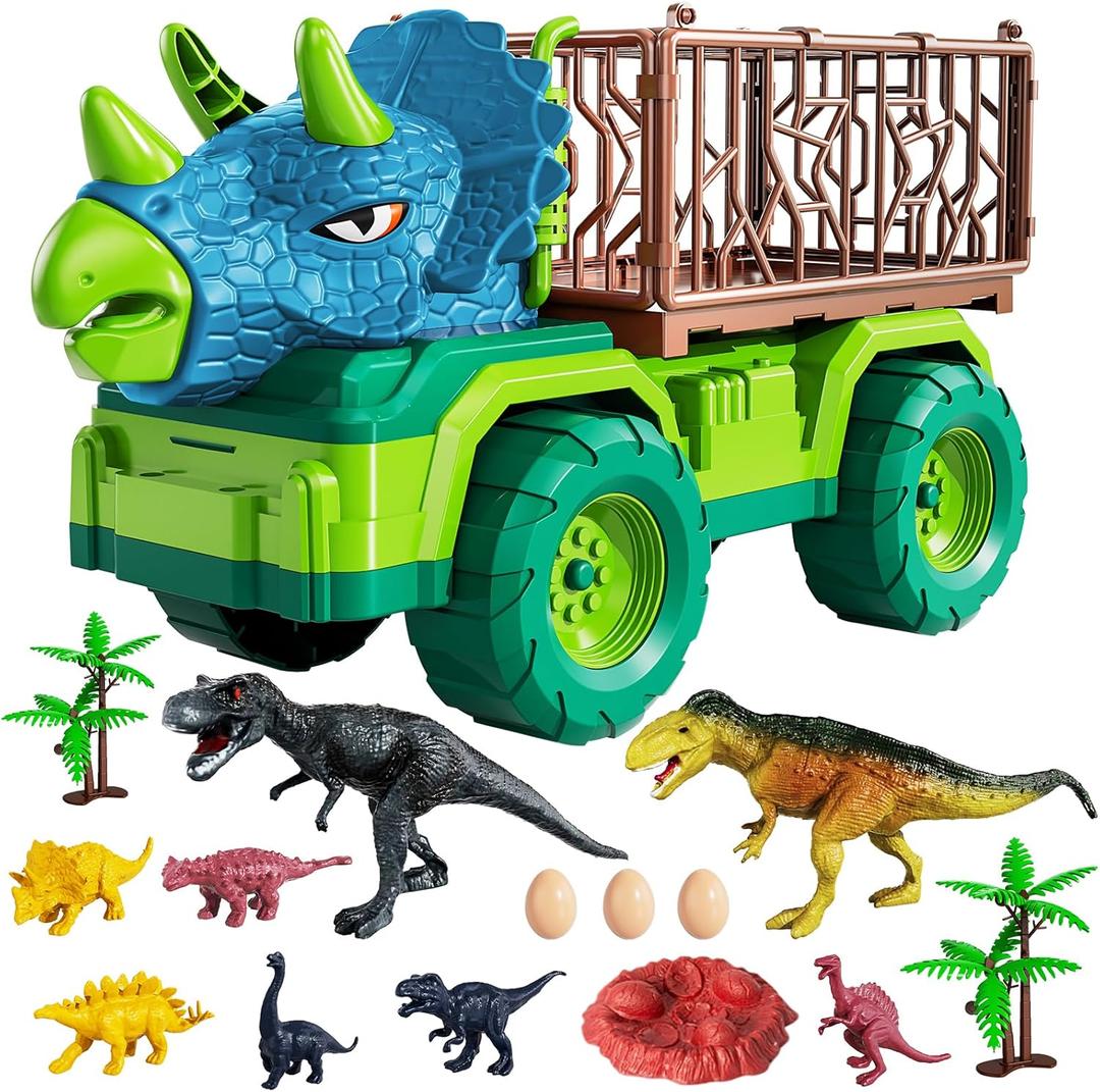 TEMI Dinosaur Truck Toy for Kids 3-5 Years, Triceratops Transport Car Carrier with 8 Dino Figures, Activity Play Mat, Dino Eggs and Trees, Capture Jurassic Dinosaurs Play Set for Boys and Girls