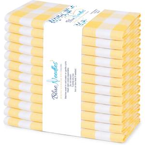 Blue Needles Gingham Buffalo Plaid Cloth Napkins 100% Cotton Set of 12 Dinner Table Napkins 18x18 inch - Spring Summer Easter - Soft, Reusable, Washable Perfect for Everyday Use - Lemon Yellow & White