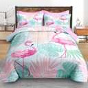 Comforter Set Queen Size, Tropical Flamingo Pink 7 Pcs Bedding for Kids and Adults, Hawaii Palm Plant Summer Bed Sheet Sets with Fitted Sheet 2 Pillowcase & 2 Sham for Bedroom Bed Decor
