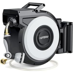 Tuyeho Retractable Garden Hose Reel 100FT, Wall Mount Heavy Duty Water Hose Reels with Automatic Slow Rewind System, Outdoor Hoses Reel with 2 Hose Nozzles for Garden Watering, Car Wash, Pet Shower