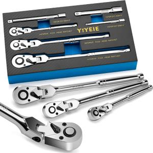 6-Piece Flex Head Ratchet Set, 1/4", 3/8", 1/2" Drive, Swivel Head Ratchet Wrench with Extension Bar, 72 Tooth, 180 Adjustable, Quick-Release, Flexible Ratchet Handle with EVA Foam