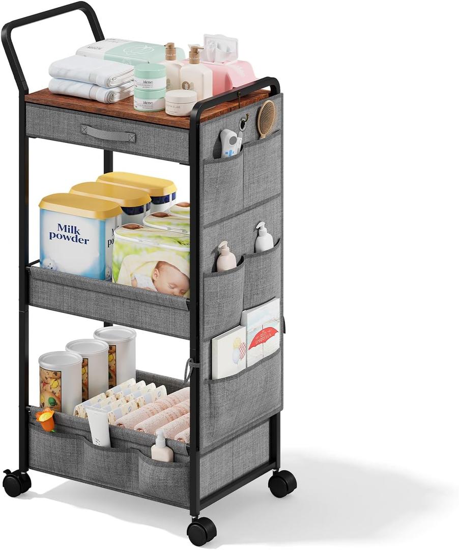 BBLIKE 3-Tier Diaper Caddy Organizer - Rolling Utility Baby Cart with Drawer and Side Pockets for Nursery and Baby Essentials, Multi-Function Cart for Bedroom and Bathroom, Gray
