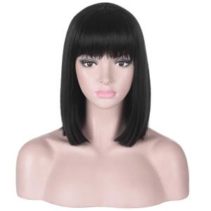 Short Straight Black Bob Wig with Bangs for Women | Natural Heat Resistant Synthetic Hair Wigs