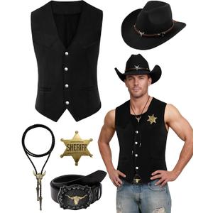 5 Pcs Western Outfits for Men Cowboy Suede Leather Vest Hat Necktie Buckle Belt Sheriff Badge for Halloween Costume (Medium, Black)