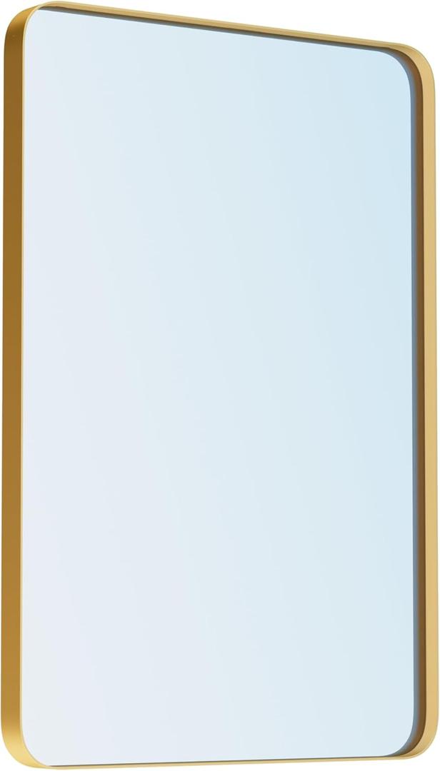 Gold Bathroom Mirror for Wall, 22 x 30 Inch Metal Framed Rounded Rectangle Vanity Mirror Modern Farmhouse, 1/4-inch Shatterproof Glass | Ultra-Flush Hanging