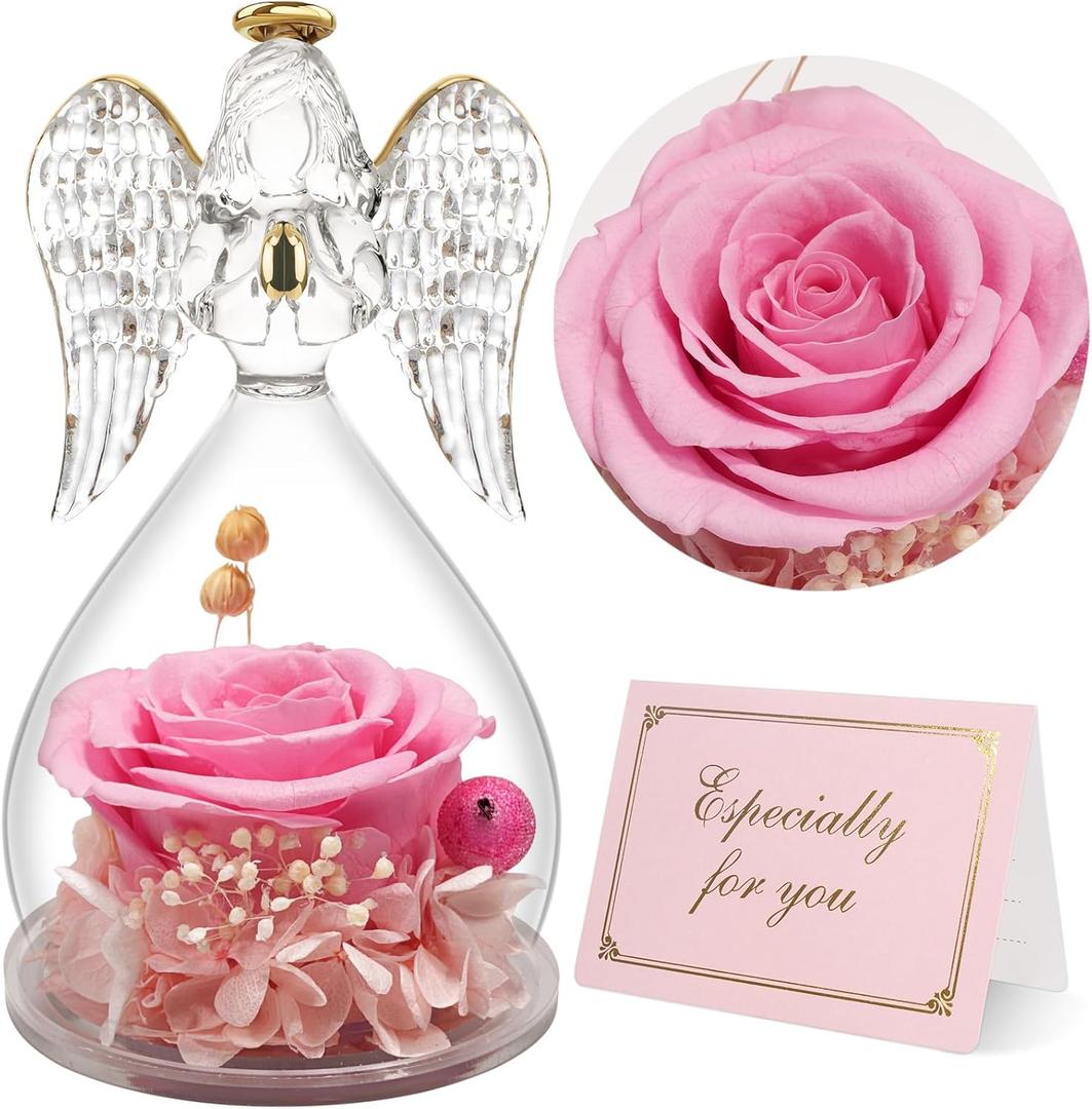 Yamonic Mom Birthday Gifts for Mom, Angel Figurines with Real Rose Gifts for Her Mom Grandma,Preserved Flowers Rose Angel Figurines for Mothers Day Christmas Anniversary Birthday Gifts for Her (Pink)