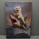 Funny Cat Canvas Wall Art Cat Riding a Shark Painting Picture Wall Decor Vintage Gothic animal Poster Print Artwork for Bathroom Living Room Bedroom Home Decoration Framed 23"×16" Inch