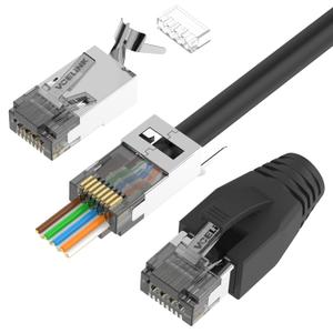 VCELINK CAT6A Connector, RJ45 Connectors Pass Through CAT6A CAT7 Shielded 20-Pack, UL-Listed 3-Prong Gold Plated, CAT7 Connector with Strain Relief Boots Black (Gen 2)