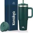 Konokyo 30 oz Tumbler with Handle and 2 Straws, 2 in 1 Lid Insulated Water Bottle Stainless Steel Travel Coffee Mug, Dark Green