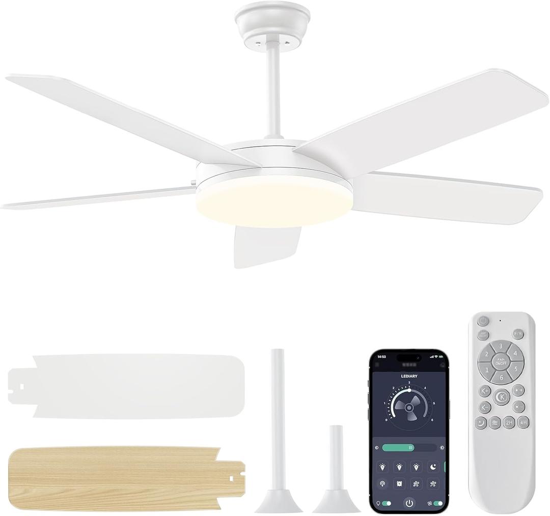 45 Inch Ceiling Fans with Lights and Remote/APP, Quick Install, 3CCT, 6 Speeds, Reversible, Dimmable, White Low Profile Ceiling Fan with Light for Living Room Kitchen Bedroom Patio Indoor Outdoor 45 Inch Ceiling Fans with Lights and Remote/APP, Quick Install, 3CCT, 6 Speeds, Reversible, Dimmable, White Low Profile Ceiling Fan with Light for Living Room Kitchen Bedroom Patio Indoor Outdoor