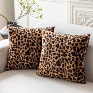 Soft Leopard Print Throw Pillow Covers 18x18 Set of 2, Cheetah Print Room Decor Faux Fur Fluffy Throw Pillows 18 x 18, Velvet Fuzzy Decorative Pillow Covers, Stockholm Style Room Decor for Women