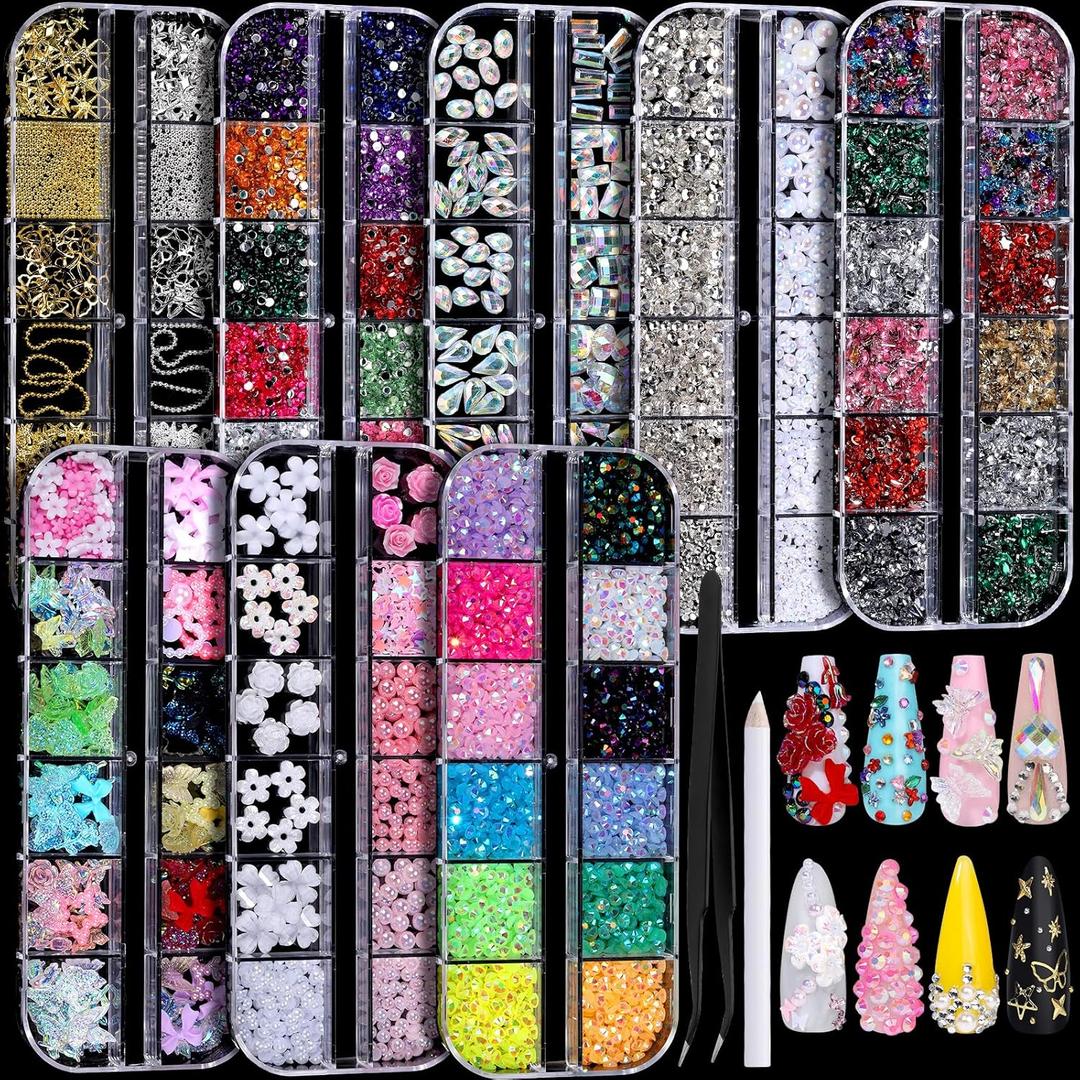 FANDAMEI Nail Charms, Nail Rhinestones Kit with 8 Boxes of Nail Gems, 3D Charms for Nails, Colorful Clear Flatback Rhinestones, Charms Y2K for Nails, Multi Shape Pearls Jewels for Crafts