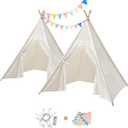 Sumbababy 2 Pack Kids Teepee Tent for Toddler, Boho Foldable Sleepover Tents for Girls & Boys, Indoor Washable Slumber Party Tent with Star Lights & Colored Flags