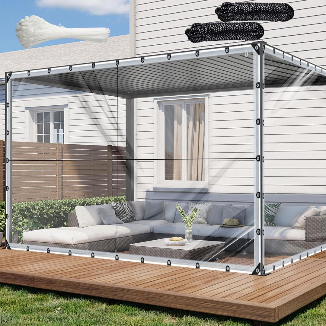 10X12FT Clear Waterproof Tarps(increase grommets,Windproof Rope +Ties)Poly Tarpaulin Outdoor Garden Rainproof Covering,Clear Vinyl Tarp with for patio,for Covering Henhouse Porch Canopy Plant Camping