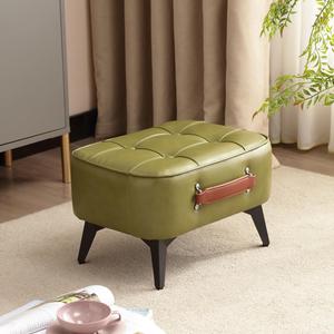 1pc Vintage Style Faux Leather Ottoman Footstool  Wooden Frame, Upholstered Interior, MultiUse Footrest for Living Room, Entryway, Office (Azure Green)