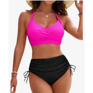 Blooming Jelly Womens High Waisted Bikini Sets Drawstring Tummy Control Swimsuits Crisscross Tie Back Bathing Suit, M