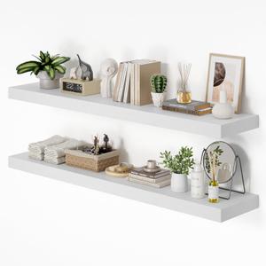Heimlove 12 Inch Deep Floating Shelves, 55 x 12 inch Extra Long Floating Shelves for Wall Set of 2, Storage Shelf for Living Room Bedroom Kitchen Home, White