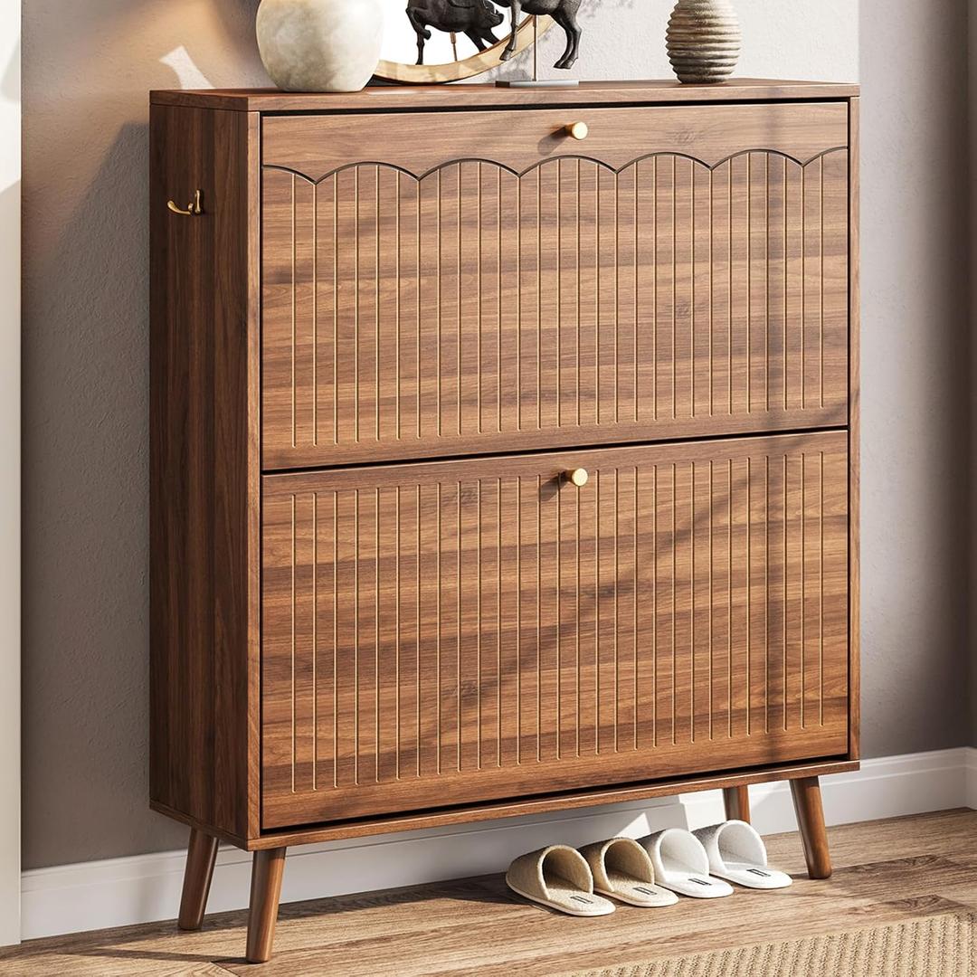 Nicetree Mid-Century Modern Slim Shoe Cabinet for Entryway, 9.5" Narrow Shoe Storage Cabinet with Architectural Arched Fluted Front, Entryway Shoe Storage with Adjustable Shelves,Classic Walnut, 9.5"D x 31.5"W x 36.3"H