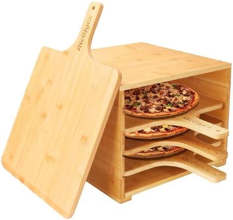 RICOJYCX Multilayer Bamboo Pizza Peel Rack, Contain 4 x 12 Inch Non-Stick Bamboo Pizza Boards, Pizza Paddle Stand for Easy Storage and Baking Multiple Pizzas and Bread