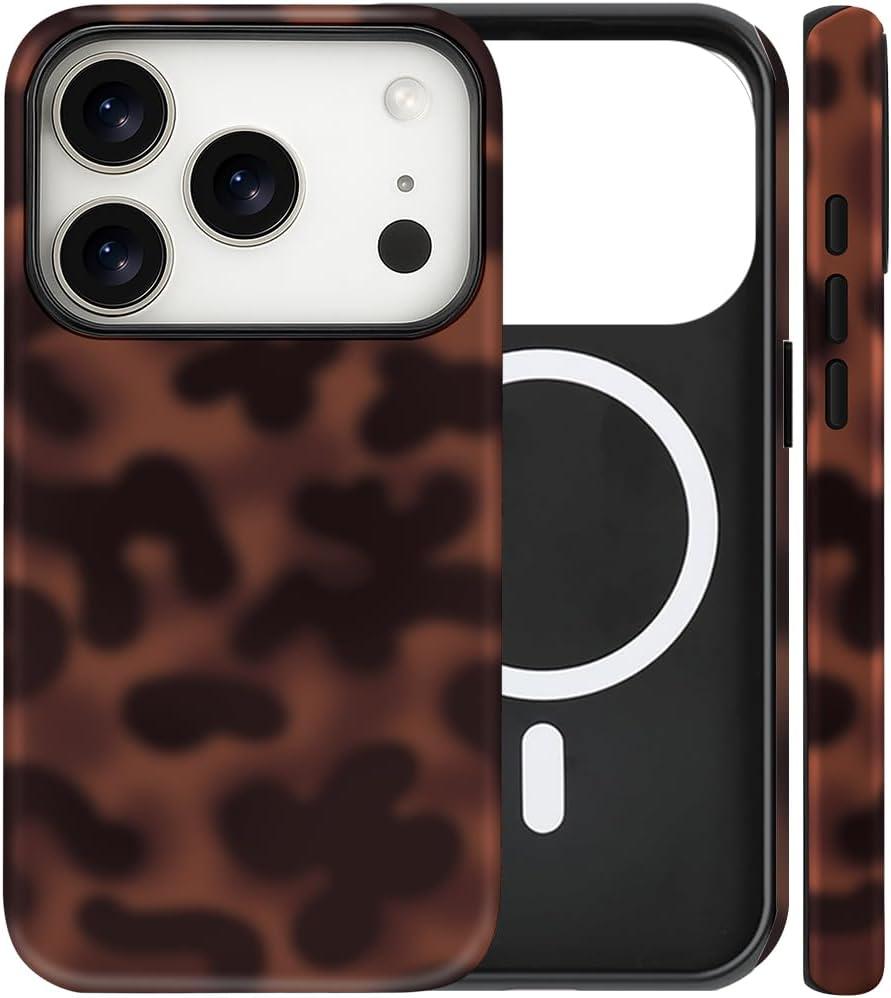 Magnetic for iPhone 17 Pro Case Cute Tortoise Shell Phone Case, Leopard Print Shockproof Slim TPU and Hard PC Protective Cover Fit for MagSafe Designed for Women Girls, Brown Amber