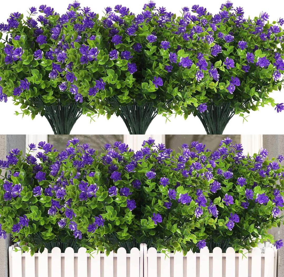 RECUTMS 12 Bundles Artificial Flowers Faux Outdoor Plastic Plants UV Resistant Shrubs,Artificial Plants Spring Decorations for Patio Outdoor Fake Plants Spring Decorations for Front Porch(Purple)