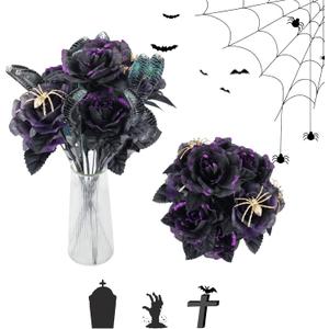 Halloween Bouquet Spider Artificial Roses Flowers,Fake Roses Faux Black Purple Roses for Halloween,Vase Arrgements Table Decoration