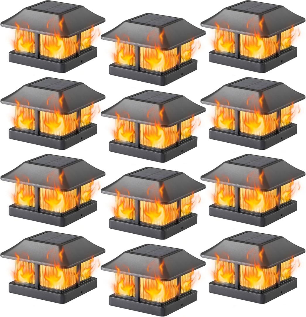 Dynaming 12 Pack Solar Flame Post Cap Lights Outdoor, Solar Powered Fence Post Light, Flickering Flame LED Lantern Lamps for Garden Deck Patio, Only Fit 4x4 Wooden Posts (True Size 3.5"x3.5")